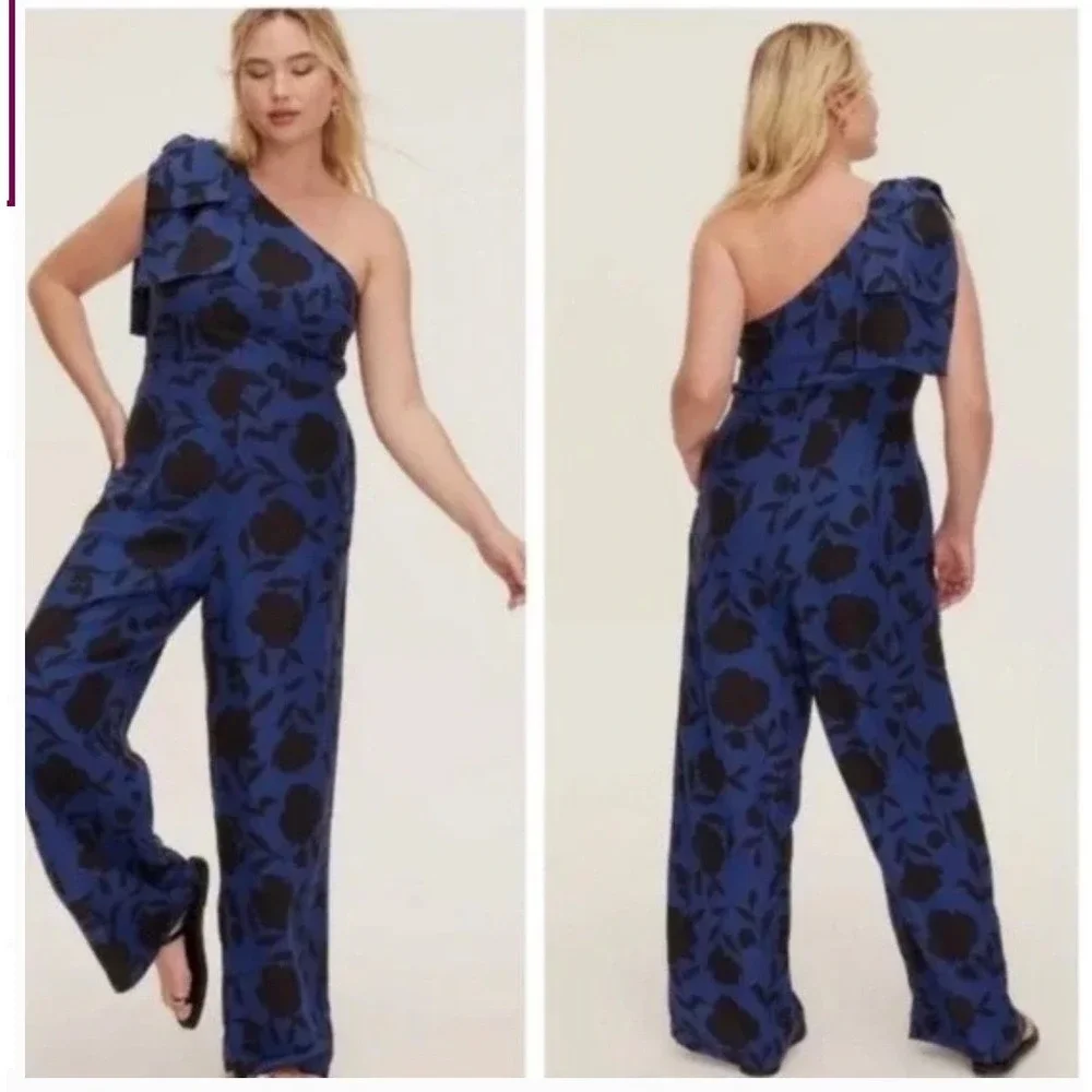 Kate Spade Target Blue Floral One Shoulder Jumpsuit Women 2 Linen Blend Romantic